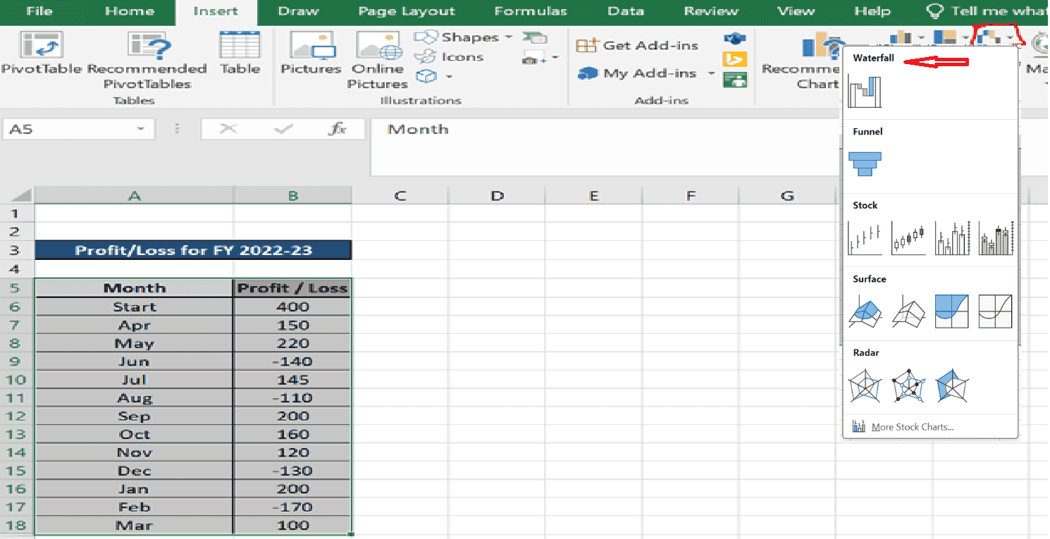 Creating the Waterfall Chart in Excel
